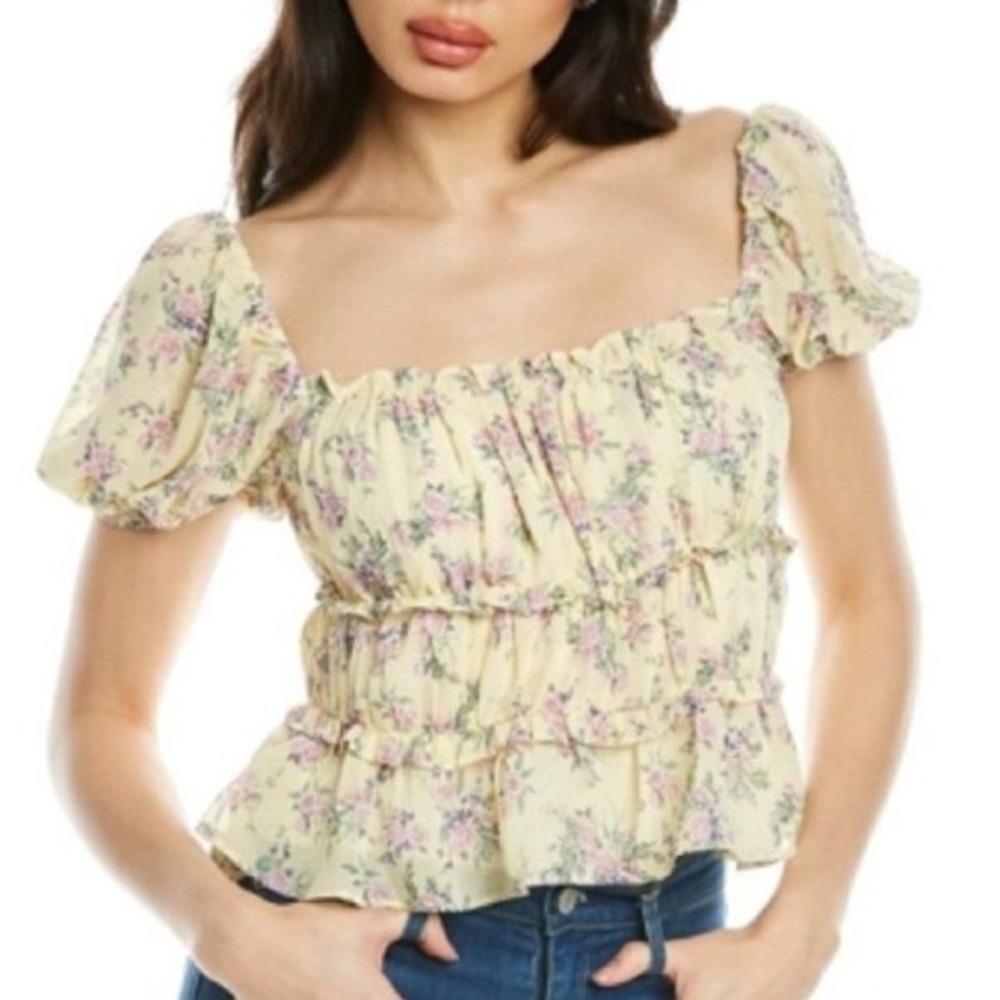 ASTR The Label Yellow Floral Puff Sleeve Smocked Peplum Top Square Neck Womens M